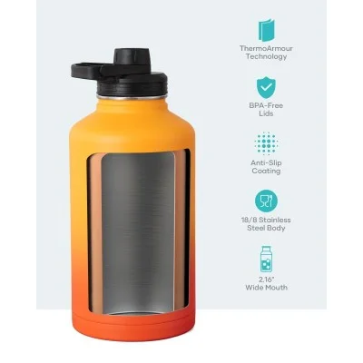 Buzio Trio Series Water Bottle with 3 Lids and Sleev 1.9L - Yellow Orange
